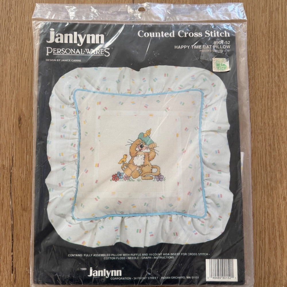 Vintage 1989 Janlynn Happy Time Cat Pillow Counted Cross Stitch Kit 904-52 10x10